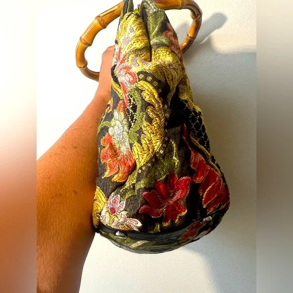 Talbots Vintage Floral Tapestry Satchel Handbag with Stained Bamboo Handles - Picture 6 of 14